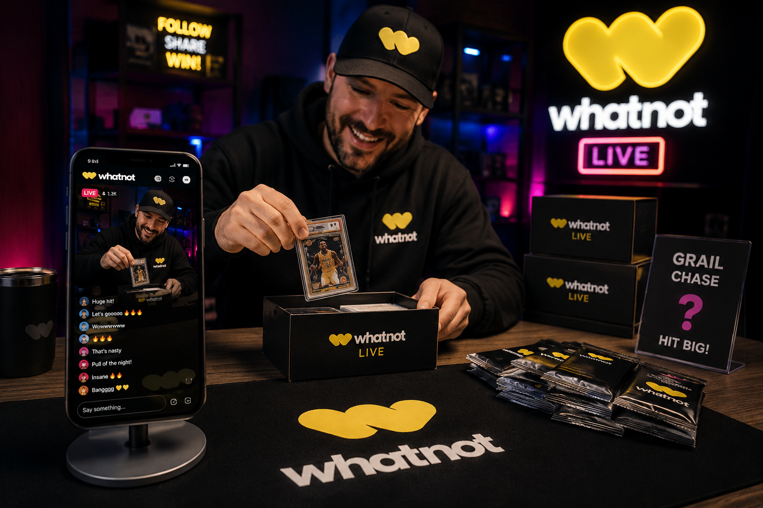 A breaker pulling a graded card from a box on a Whatnot Live stream