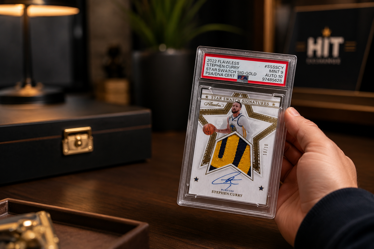 A hand holding a 2022 Flawless Stephen Curry gold Star Swatch autograph graded PSA Mint 9