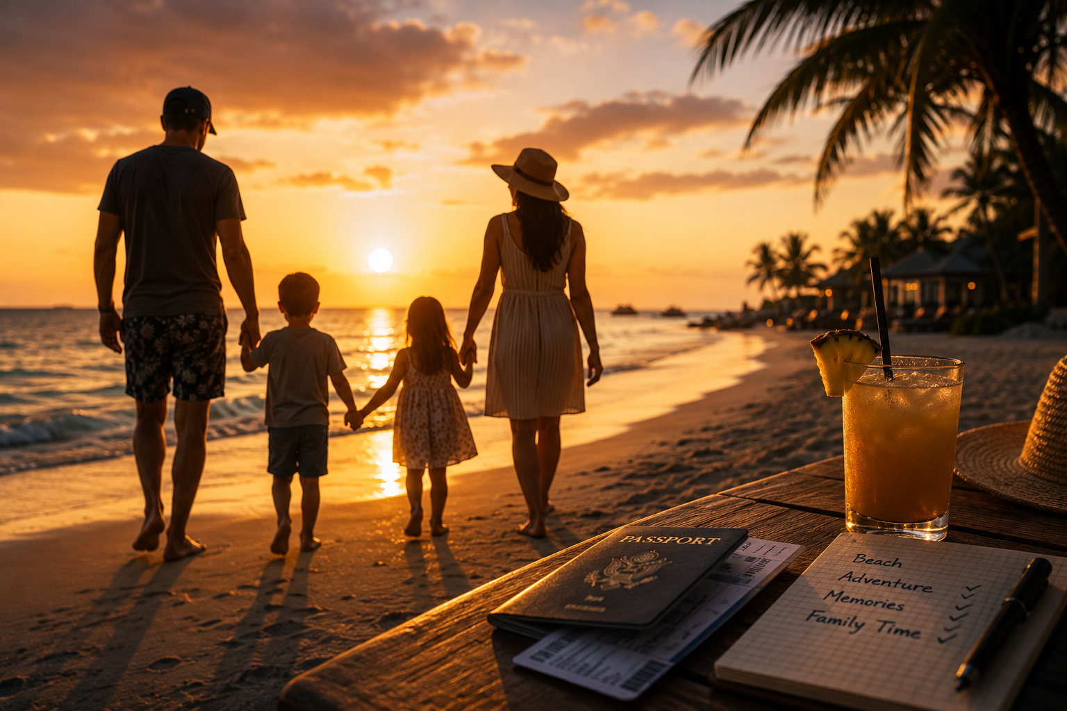 A family walking hand in hand along the beach at sunset
