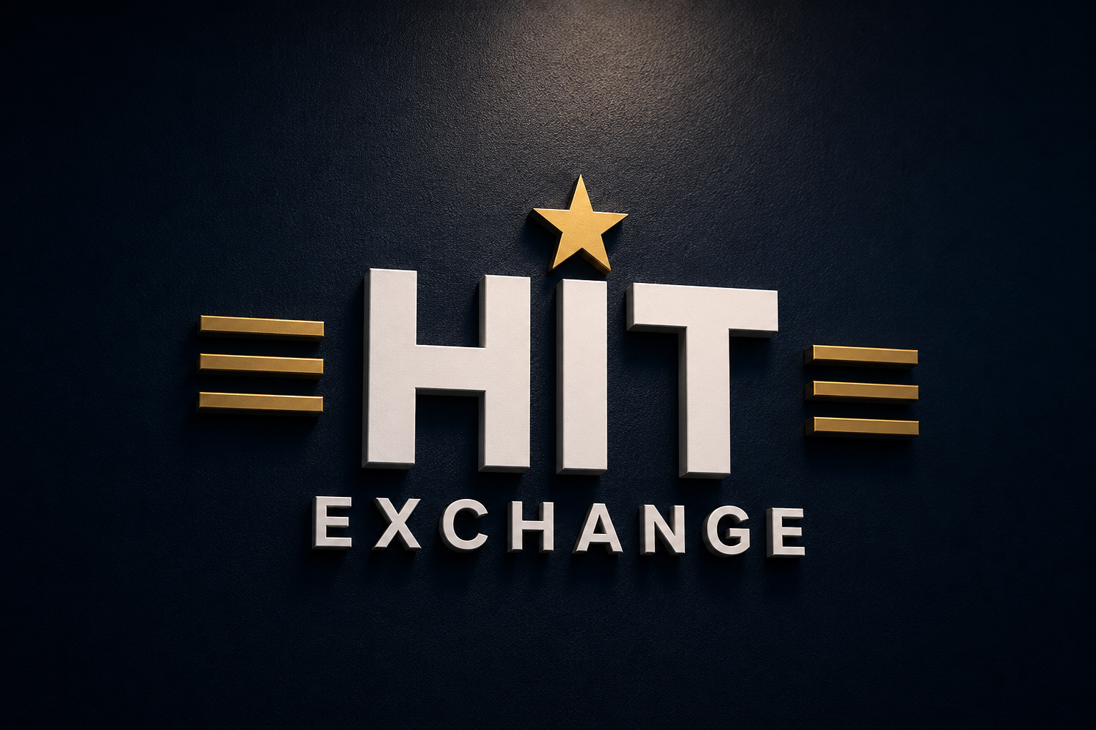 The Hit Exchange logo — white lettering with a gold star on a dark navy wall