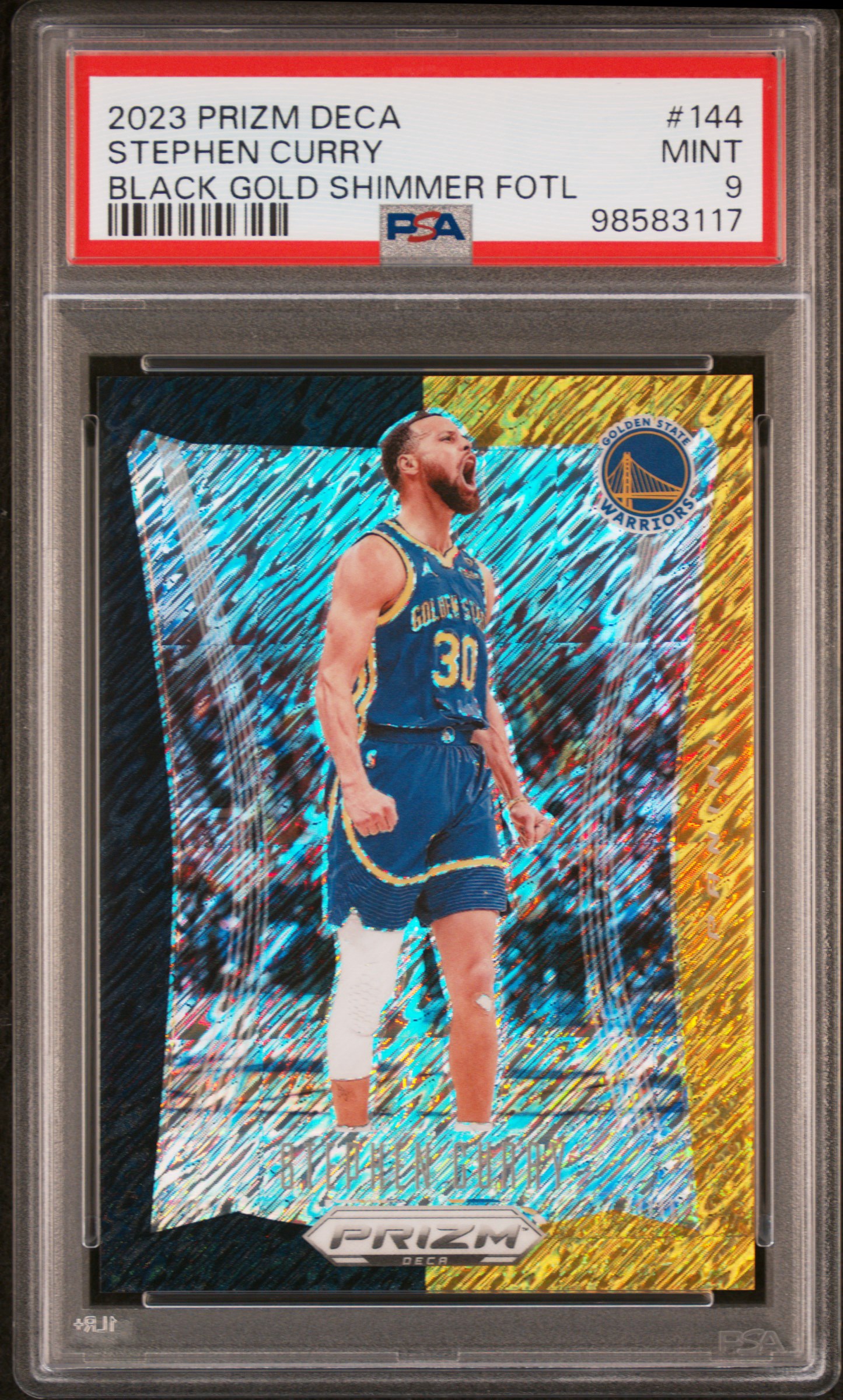 Stephen Curry — 2023 Prizm DECA Black Gold Shimmer FOTL, graded PSA 9