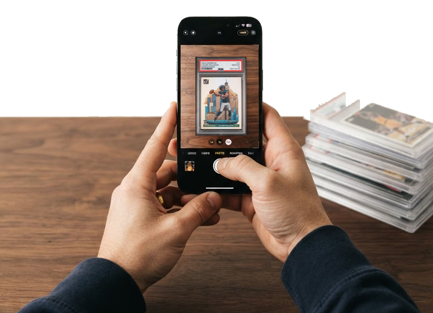 Hands holding a phone photographing the graded 2024 Donruss Caleb Williams Downtown PSA 10 card, beside a stack of graded sports-card slabs on a wood desk