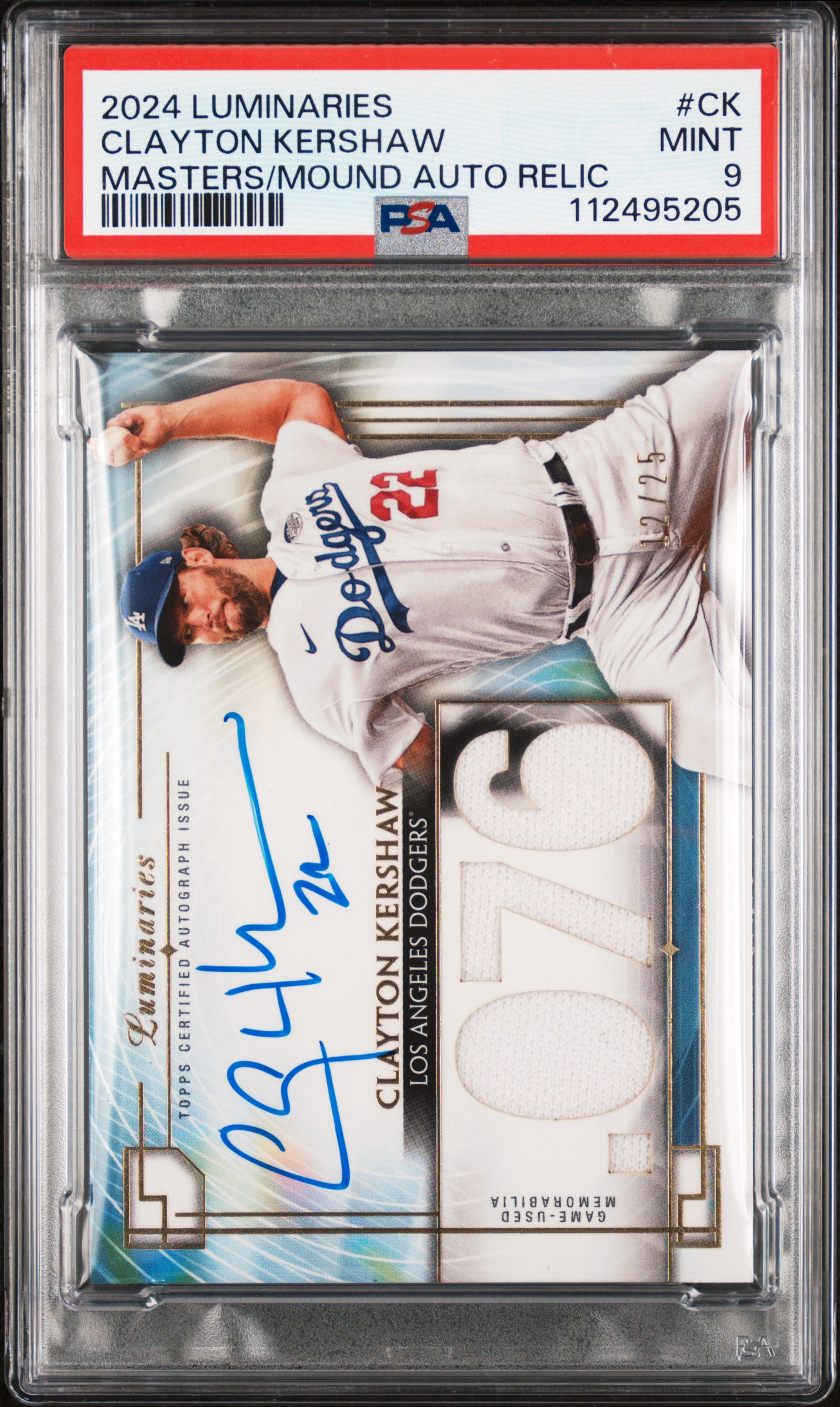 Clayton Kershaw — 2024 Luminaries Masters/Mound Auto Relic /25, graded PSA 9