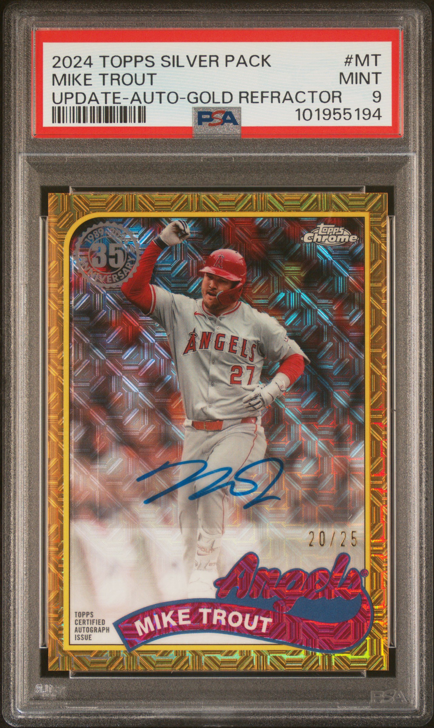 Mike Trout — 2024 Topps Silver Pack Update Auto Gold Refractor /25, graded PSA 9