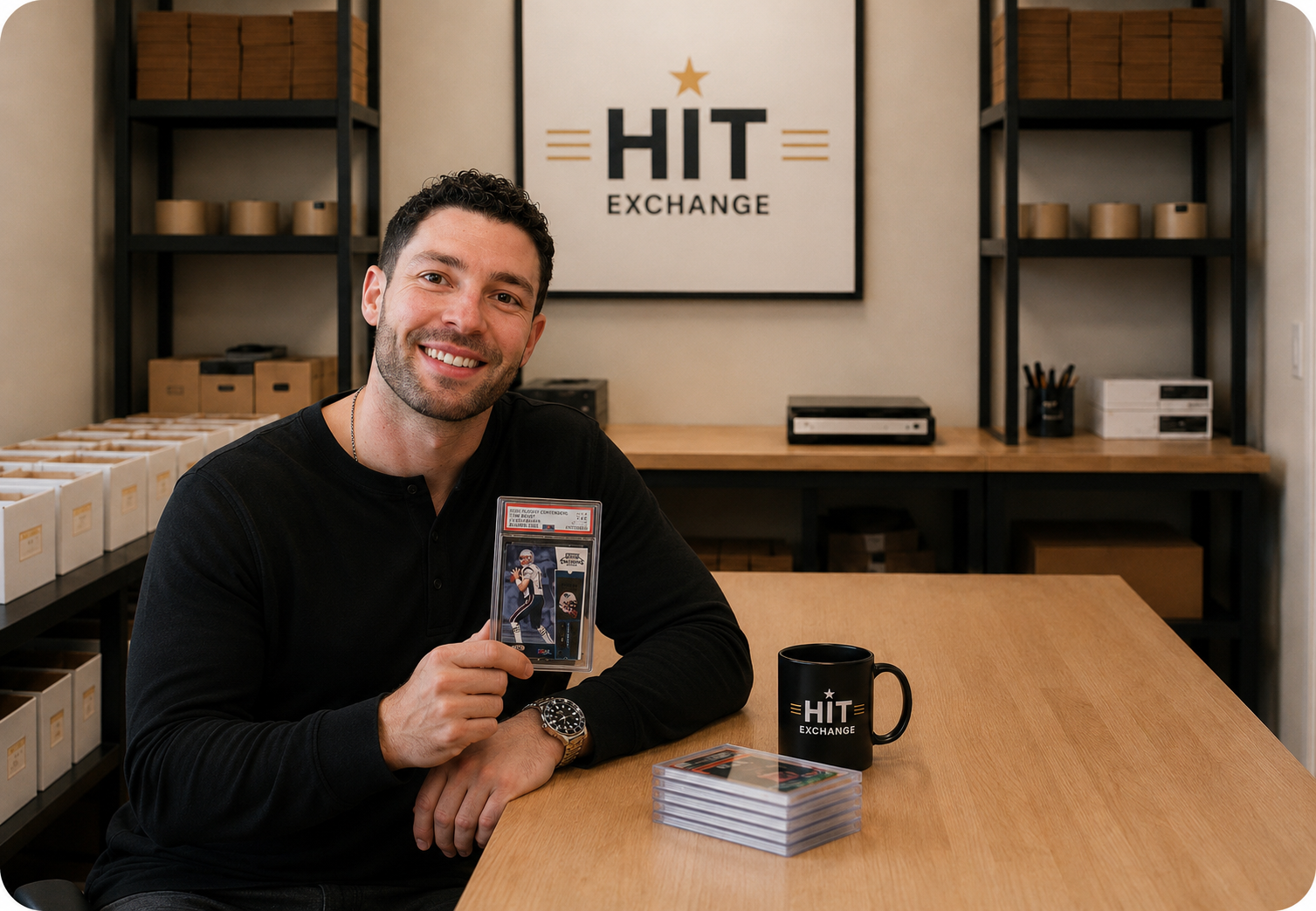 A Hit Exchange buyer presenting a graded trading card at the office